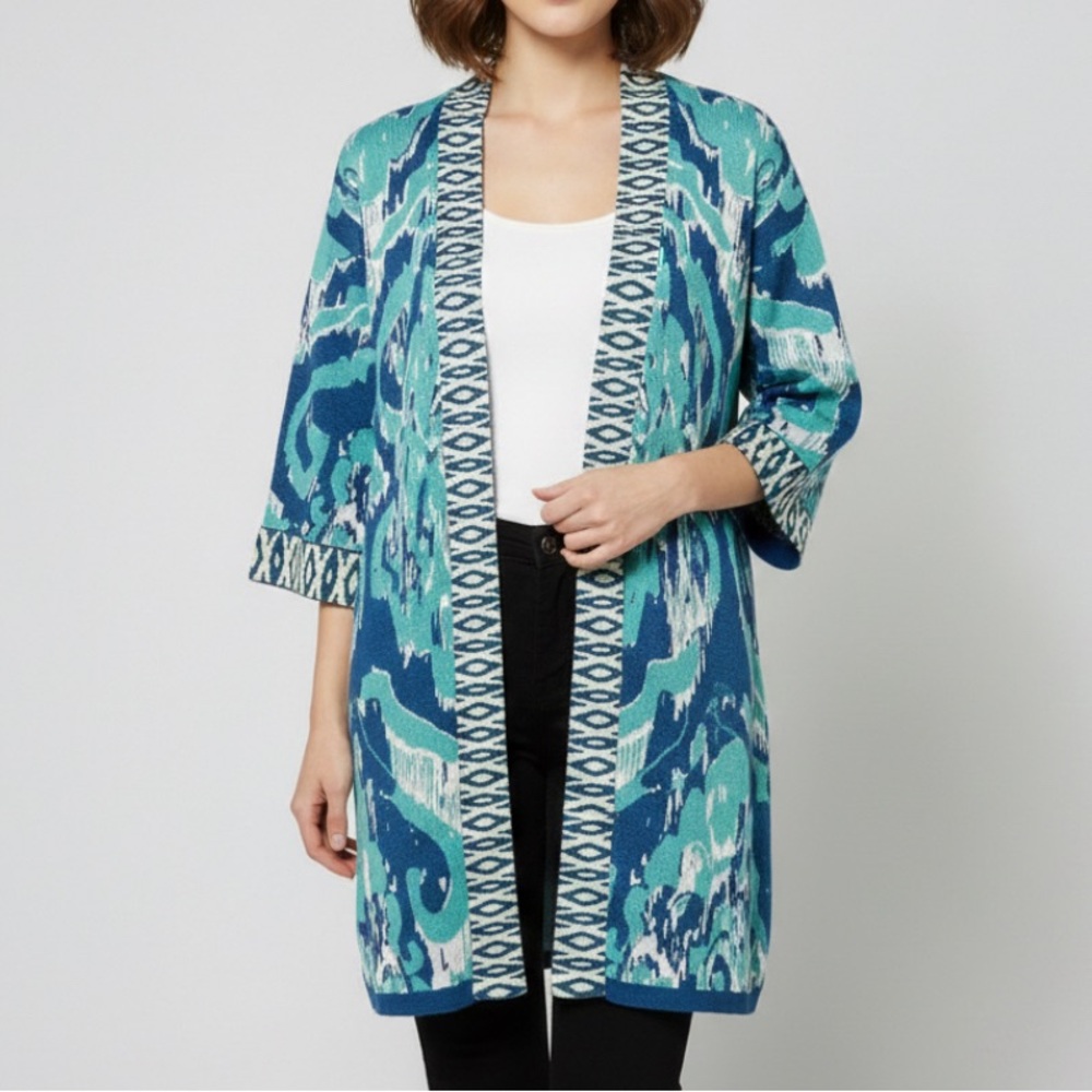 Soft Surroundings XS Teal Blue Jacquard Longline Open Front Cardigan Knit